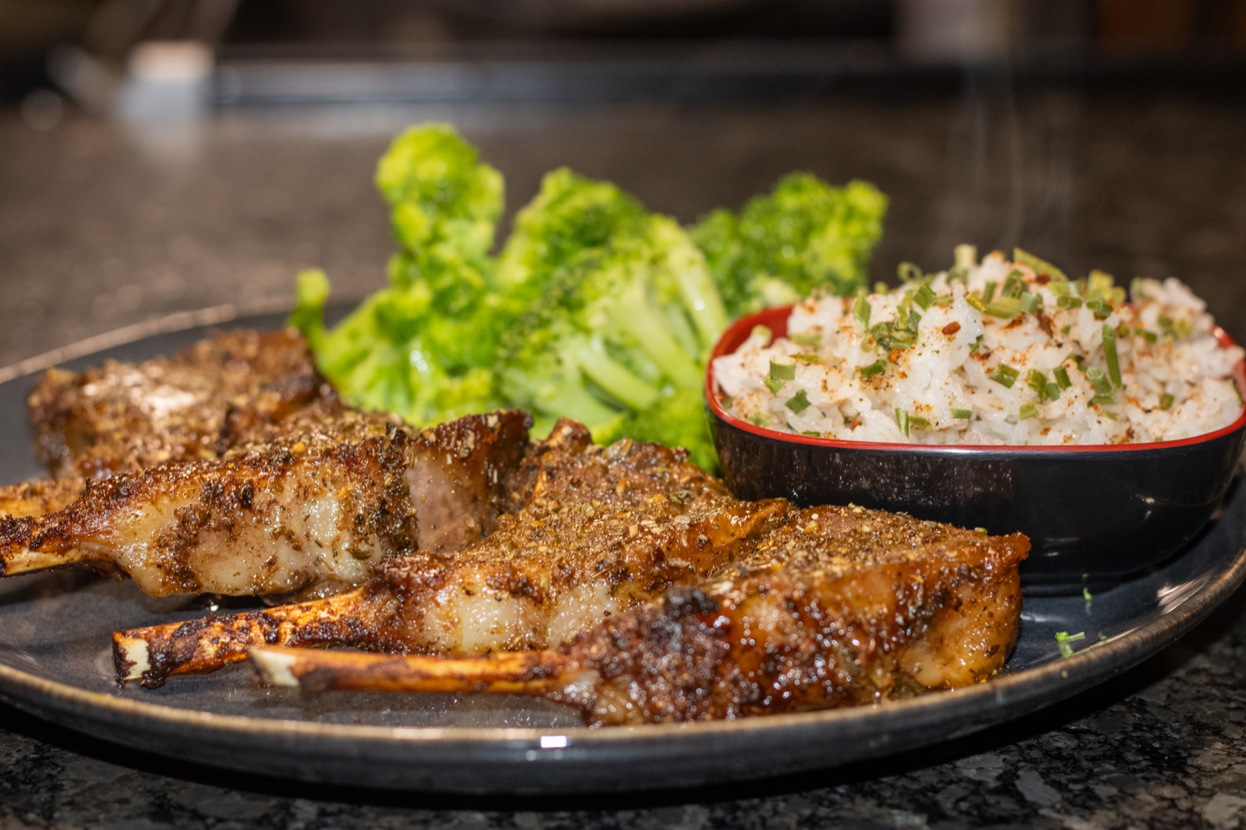 Lamb chops prepared for a catered event